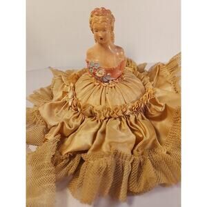 Antique 1900's Chalkware Half Doll Pin Cushion Pink Satin Lace Dress